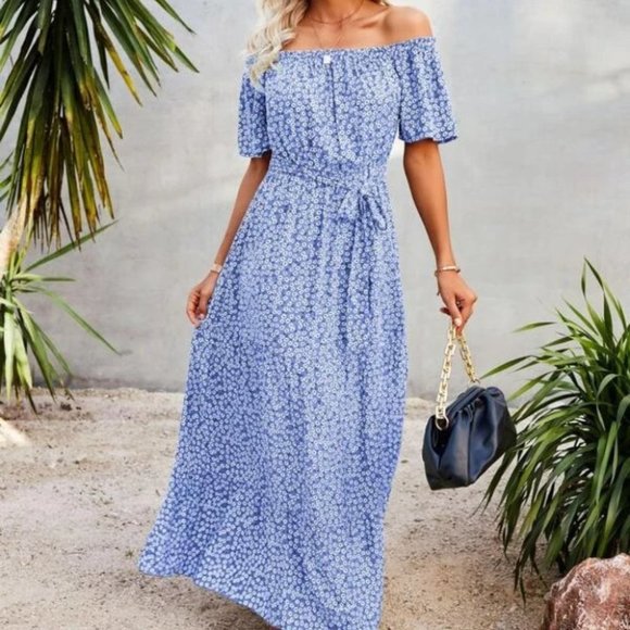 Floral off shoulder ruffle maxi dress BLUE - Picture 6 of 7